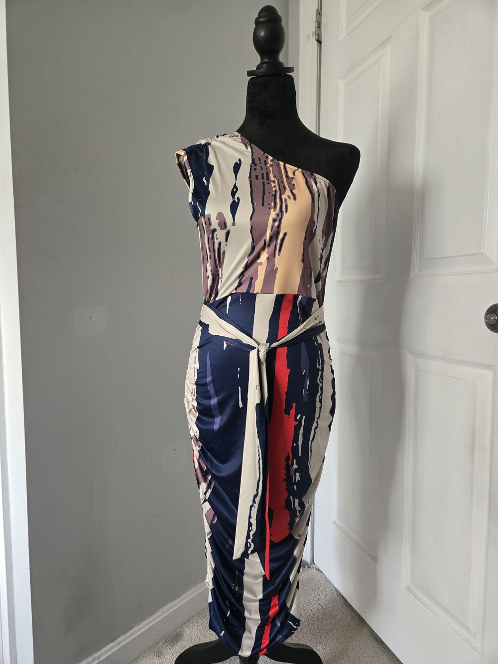 One-Shoulder Abstract Stripe Maxi Dress in Navy, Red & Cream